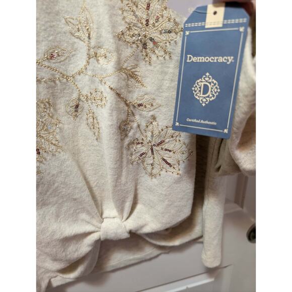 NEW! Democracy V-Neck Knot Hem Long-Sleeve Top Cream Size S Beaded Sequins - Picture 9 of 12